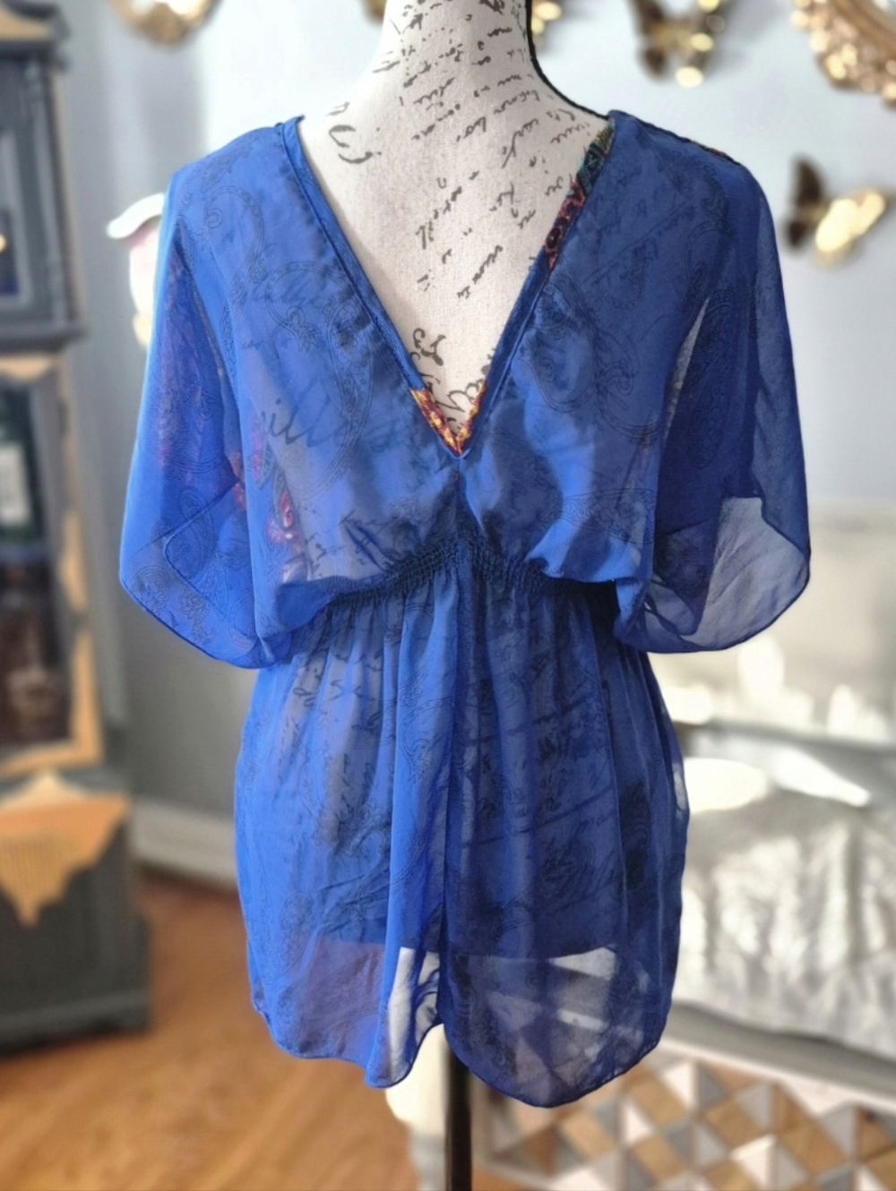 Boho 90s Vibe V-Neck Paisley Sheer Tunic Top Small - Picture 4 of 11